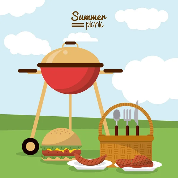 Kleurrijke affiche zomer picknick veld landschap met picknickmand en houtskool barbecue en gerechten met vlees, worst en Hamburger — Stockvector