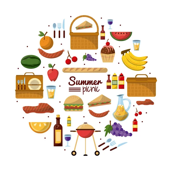 Fondo blanco de colorido cartel de picnic de verano con conjunto de utilidades y alimentos — Archivo Imágenes Vectoriales