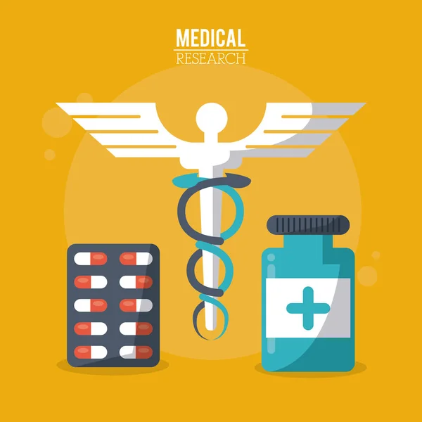 Barevný plakát lékařského výzkumu žezlo symbolem a pilulky v blistru a láhev — Stockový vektor