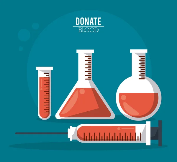 Color poster donate blood with test tubes and syringe — Stock Vector