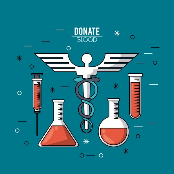 Color poster donate blood with test tubes and caduceus symbol — Stock Vector