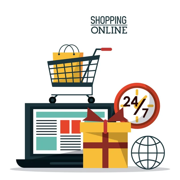 Affiche colorée shopping en ligne avec ordinateur portable et icônes pour acheter en ligne — Image vectorielle
