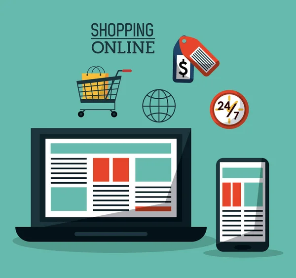 Красочный плакат покупки онлайн с ноутбуком и смартфоном и иконки для покупки онлайн в фоновом режиме — стоковый вектор