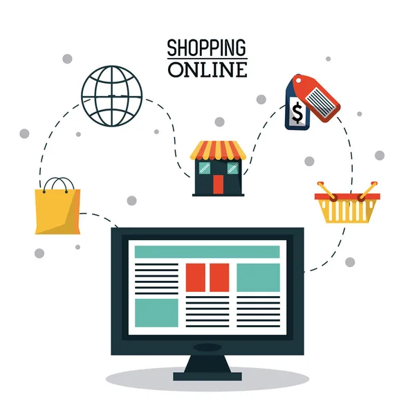 Affiche colorée shopping en ligne avec ordinateur de bureau et processus d'achat en ligne — Image vectorielle