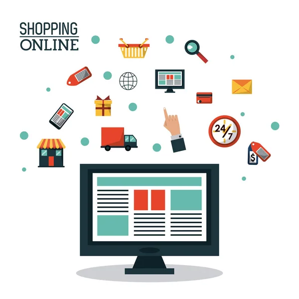 Affiche colorée shopping en ligne avec ordinateur de bureau et icônes sur le dessus — Image vectorielle
