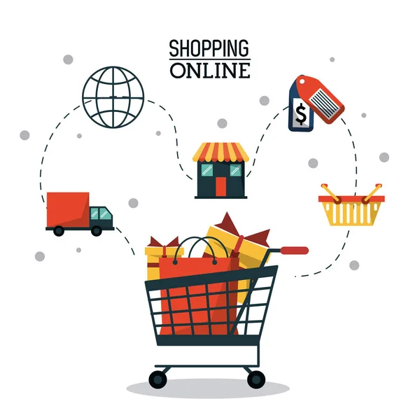 Красочный плакат покупки онлайн с корзиной и процесс покупки онлайн — стоковый вектор