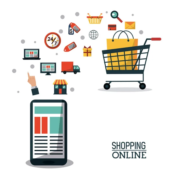 Barevný plakát online nakupování s smartphone a nákupní košík — Stockový vektor