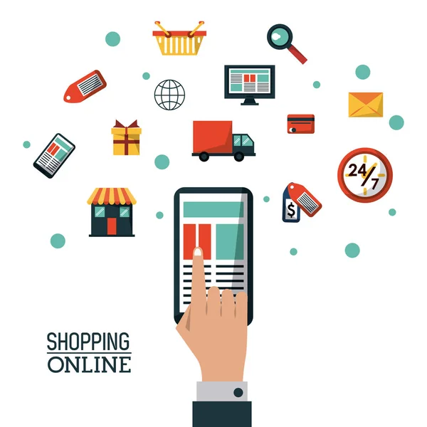 Online vásárlás a smartphone és ikonok a felső színes plakát — Stock Vector