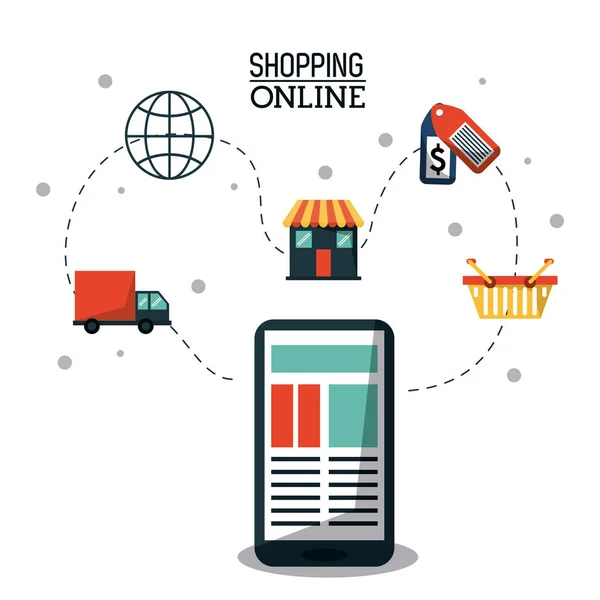 Postere colorate cumpărături online cu smartphone și procesul de cumpărare on-line — Vector de stoc