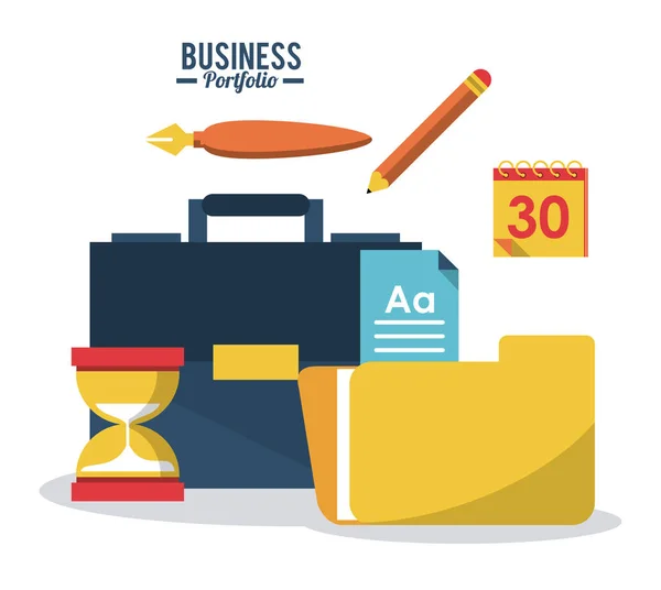 Buntes Poster Business-Mappe mit Aktentasche und Uhr Bleistift-Kalender und Mappe — Stockvektor