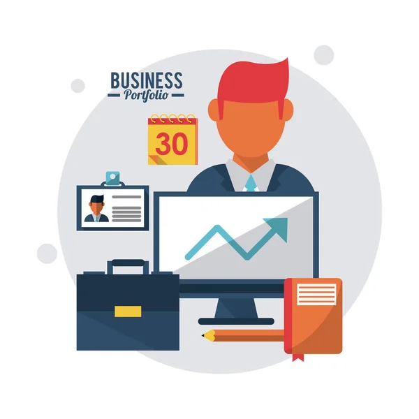 Portfólio de negócios cartaz colorido com pasta homem de negócios computador — Vetor de Stock