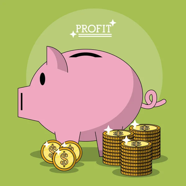 五颜六色的海报与赢利金钱箱子形状猪和硬币堆积 — 图库矢量图片