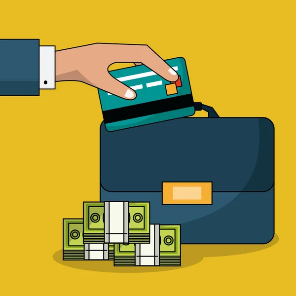 Kleurrijke achtergrond van gestapelde geld rekeningen en werkmap en hand met credit card — Stockvector