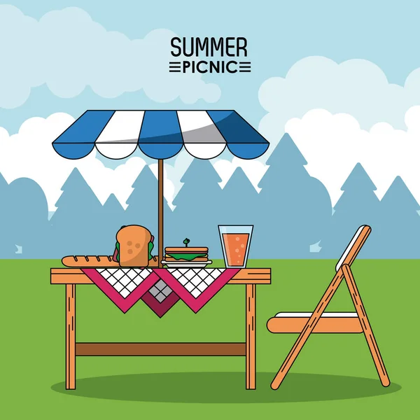 Kleurrijke poster van zomerpicknick met outdoor landschap en tabel met voedingsmiddelen en zonnescherm — Stockvector