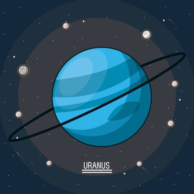 colorful poster of the planet uranus in the space with moons around clipart