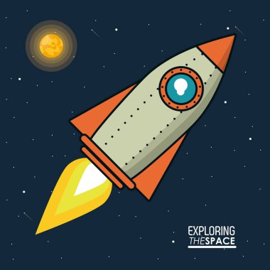 renkli poster uzay gemisi ve güneş ile alanı keşfetmek