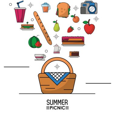Yaz piknik ve piknik öğelerinin sepet üstünde beyaz arka plan posteri