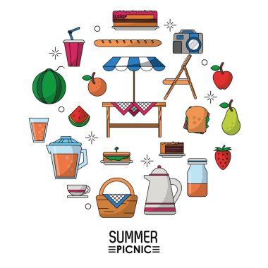 Beyaz arka plan afiş yaz piknik ve bir daire oluşturan piknik öğeleri