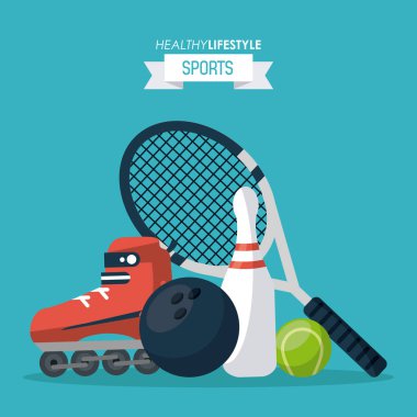 sağlıklı yaşam spor tenis raket ve top ve paten ve bowling topu ile renkli arka plan
