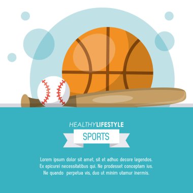 sağlıklı yaşam spor beyzbol sopası ve topu ve basketbol topu ile renkli poster