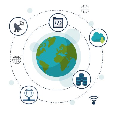 arka plan ile dünya küre closeup ve ağ depolama simgeleri renk