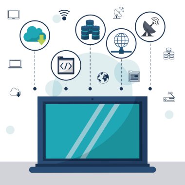 arka plan ile dizüstü bilgisayar taşımak ve ağ depolama simgeleri üst renk