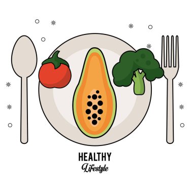 çatal bıçak seti ile sağlıklı yaşam tarzı ve domates papaya ve brokoli ile yemek beyaz arka plan