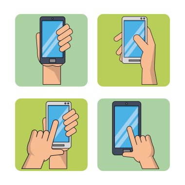 renkli kare kare el ile akıllı telefonlar ile beyaz arka plan
