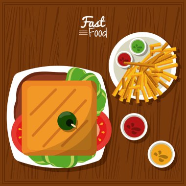 Poster fast food mutfak masa artalanını sandviç ve soslar ve patates kızartması ile