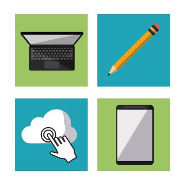 dizüstü bilgisayar kalem ve bulut ve tablet kare kare beyaz arka plan