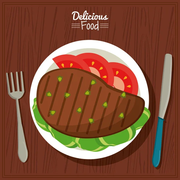 Poster cibo delizioso in cucina tavolo sfondo e posate con piatto di carne alla griglia con verdure — Vettoriale Stock