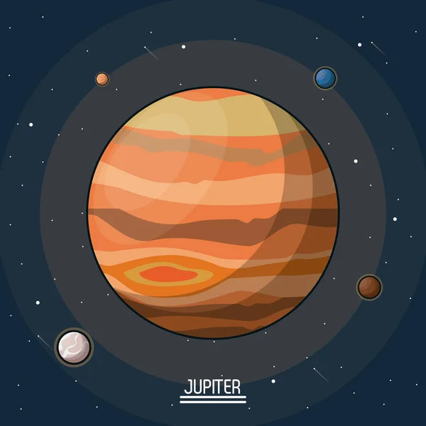 Pôster colorido do planeta Júpiter no espaço com luas ao redor —  Vetores de Stock