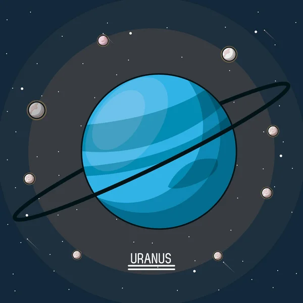 Poster berwarna-warni planet uranus di ruang dengan bulan di sekitar - Stok Vektor