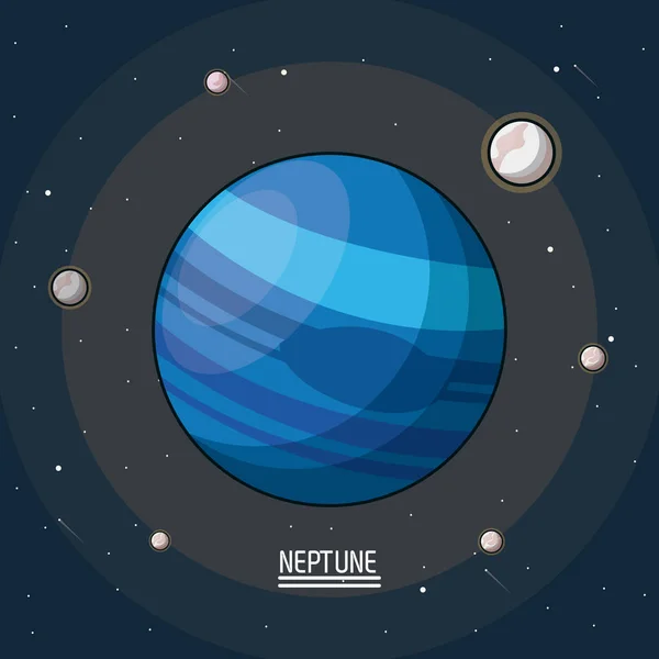 Kleurrijke affiche van de planeet Neptunus in de ruimte met satellieten rond — Stockvector