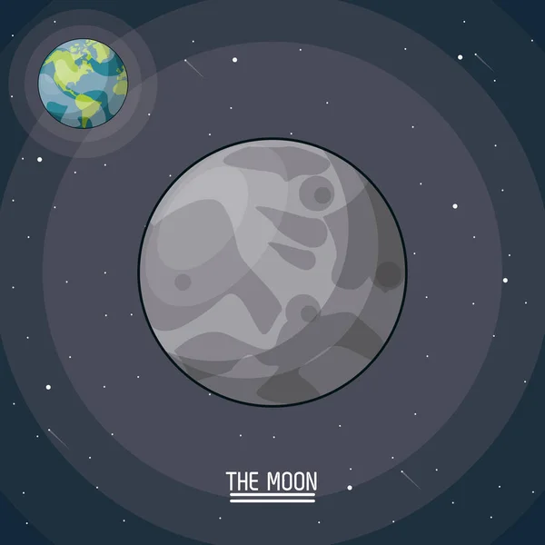 Cartel colorido de la luna en primer plano con el planeta tierra en el fondo — Vector de stock