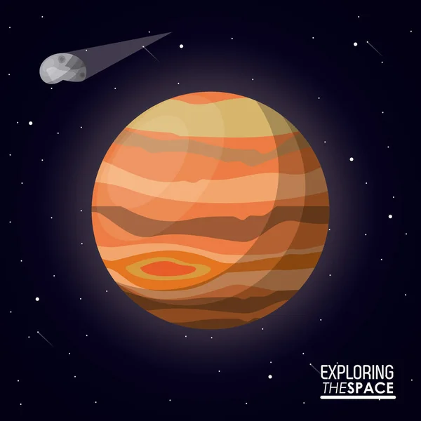 Pôster colorido explorando o espaço com planeta Júpiter e asteróide —  Vetores de Stock