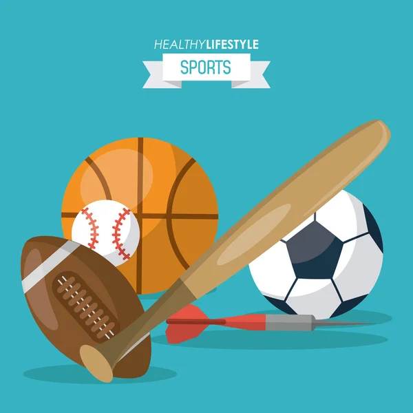 Fondo colorido de deportes de estilo de vida saludable con pelotas de baloncesto fútbol fútbol béisbol y dardo — Vector de stock