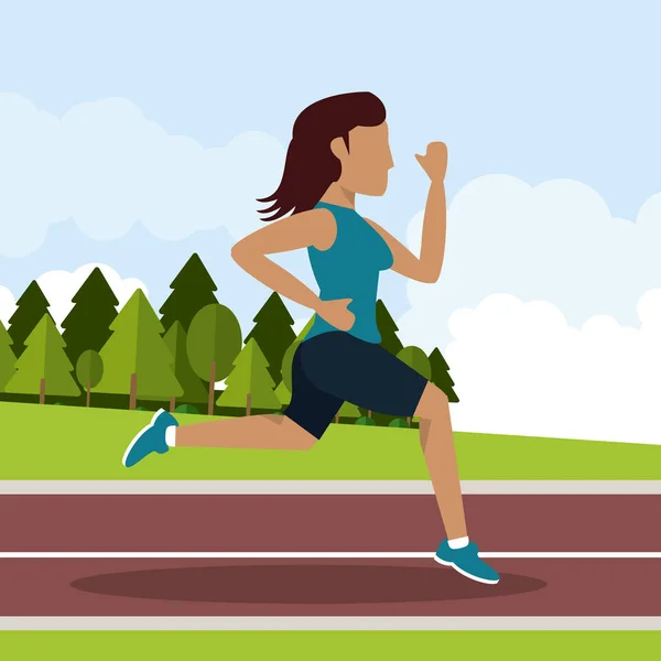 Барвистий фон з жінкою-спортсменом, що бігає в спортивній доріжці з довгим волоссям — стоковий вектор