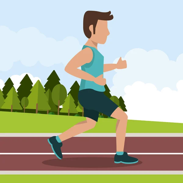 Latar belakang penuh warna dengan atlet laki-laki jogging di trek atletik - Stok Vektor