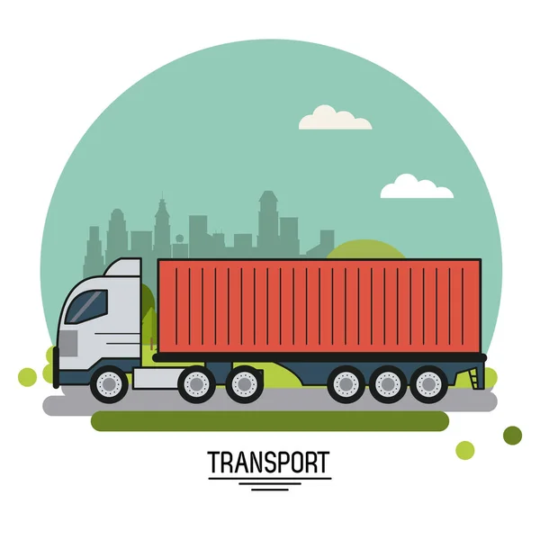 구의 형태로 시의 배경 외곽에 화물 트럭 수송의 화려한 포스터 — 스톡 벡터