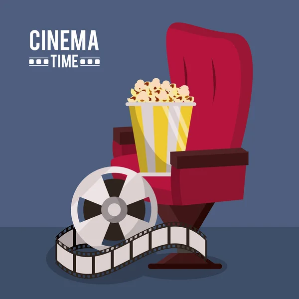 Cartaz colorido de tempo de cinema com cadeira de cinema e filme carretel e pipoca — Vetor de Stock