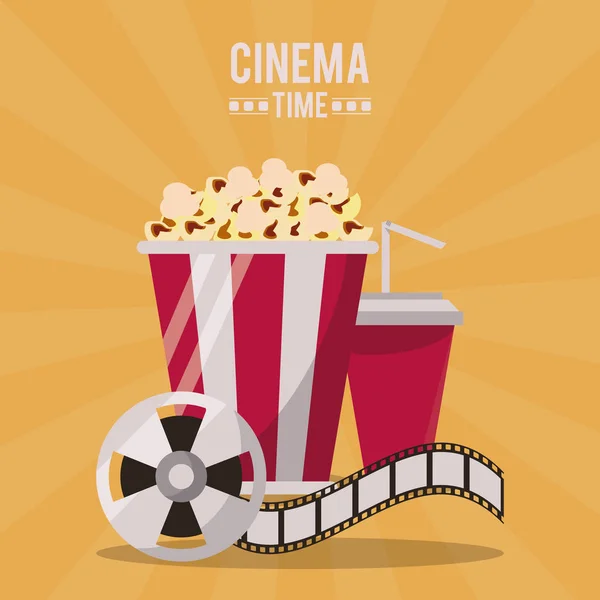Kleurrijke poster van cinema tijd met popcorn pack en drinken en film reel — Stockvector