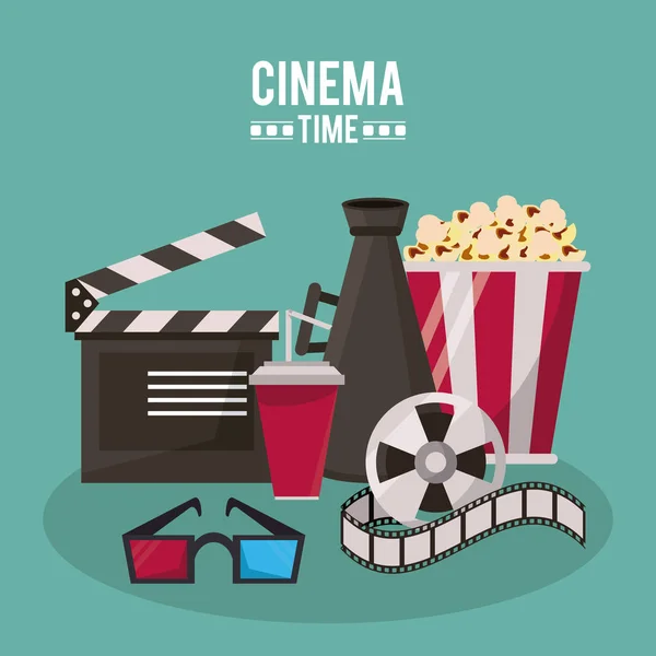 Красочный постер времени в кино с клаппербордом мегафон напиток 3D очки попкорн и кинокатушка — стоковый вектор