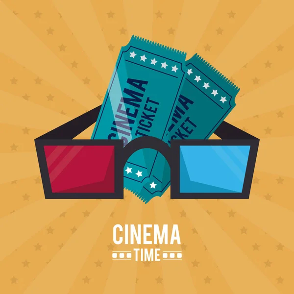 Buntes Plakat der Kinozeit mit Eintrittskarten und 3D-Brille — Stockvektor
