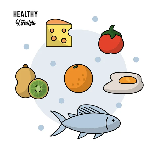 Fundo colorido de estilo de vida saudável com conjunto de comida kiwi frutas e queijo e laranja tomate ovo e peixe —  Vetores de Stock
