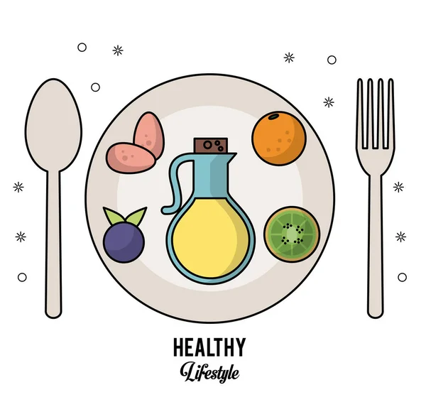 White background of healthy lifestyle with cutlery set and dish with olive oil eggs orange kiwi fruit and blueberry — Stock Vector