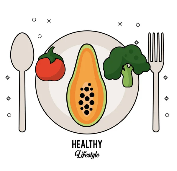 Fundo branco de estilo de vida saudável com talheres conjunto e prato com mamão de tomate e brócolis —  Vetores de Stock