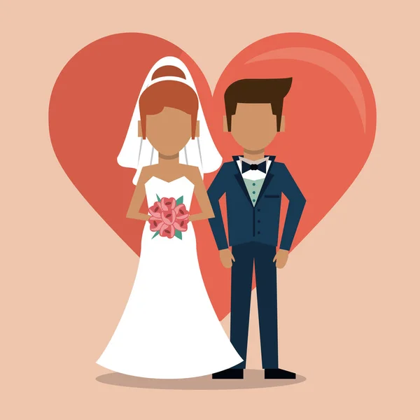 Farbenfroher Hintergrund mit großem Herzen und gesichtslosen Paar gerade verheiratet — Stockvektor