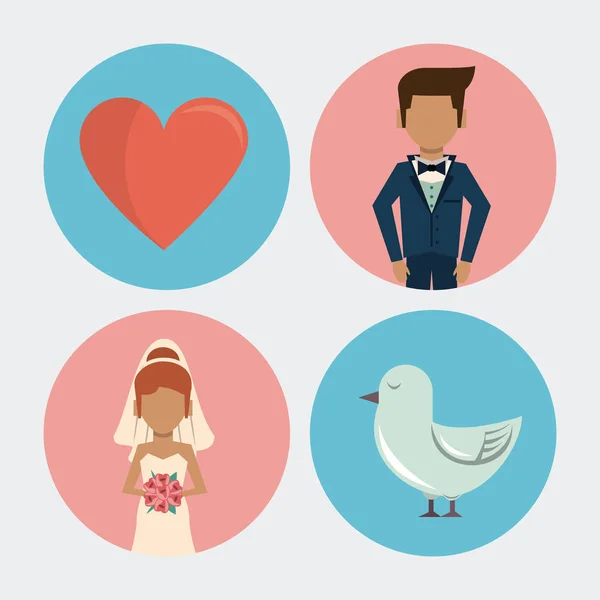 Fond blanc avec des icônes de mariage sur des cadres ronds — Image vectorielle