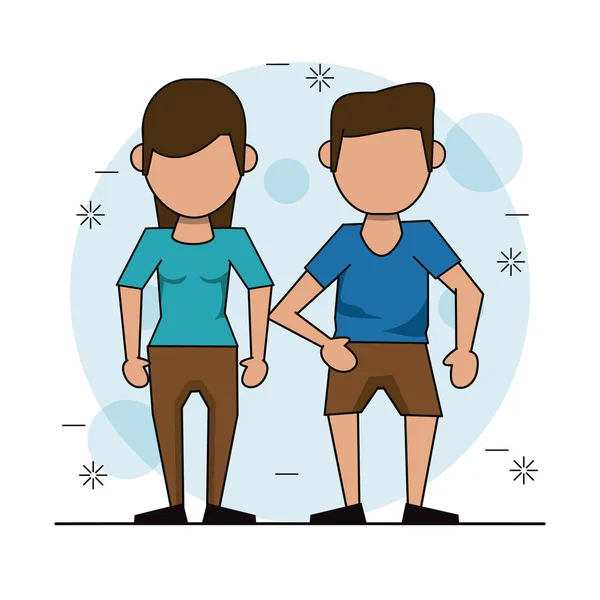 Fond de couleur avec couple sans visage et lui en pantalon court — Image vectorielle